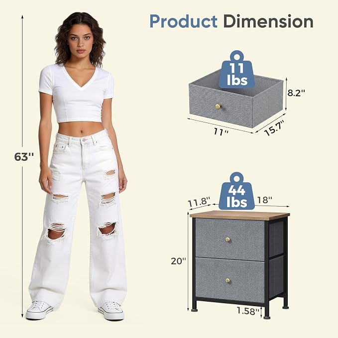 DUMOS Nightstand Set of 2, Bedside Table for Bedroom, Small Dresser | Side/End Table with 2 Fabric Drawers, Storage Cabinet Furniture, 20 Inch Night Stand for Closet, Entryway, Blue 2Pack