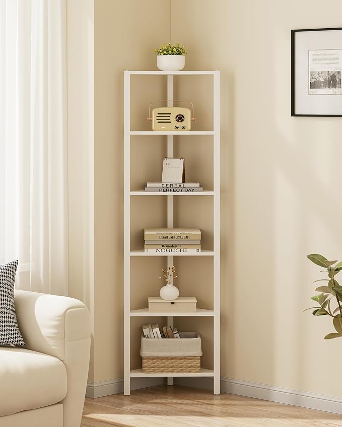 TUTOTAK 6-Tier Corner Bookshelf,Corner Shelf for Small Space, Narrow Display Corner Shelf Stand with Storage Rack, for Living Room, Bedroom, White BS05BW006