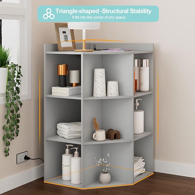 HedoAjim Corner Cabinet, Corner Storage Shelf with USB Ports and Outlets Industrial Organizer for Small Space Wooden 9-Cubby Bookshelf for Study, Playroom, Living Room (Grey)