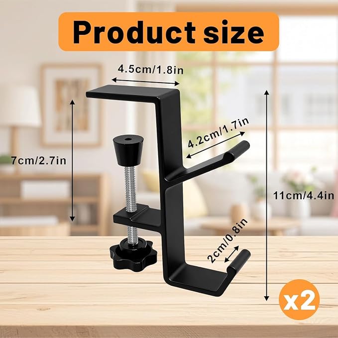 Desk Mount Bag Holder Hook Clamp,On Backpack Hanger Portable Desk Mount Headphones Holder for Reduce Desk Clutter Table Desk Table Hanging Storage (2 Black)