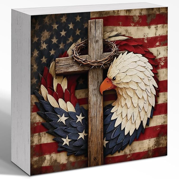 Patriotic Wooden Box Sign,Eagle Cross 4th Of July Signs Home Decor,Independence Memorial Day Block Sign for Desk Shelf Tabletop Decor