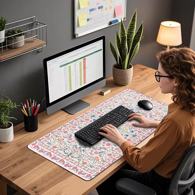 Pink Floral Desk Mat 31.5"x15.7", Extra Large Mouse Pad with Non-Slip Rubber Base, Waterproof Desk Blotter with Stitched Edges, Smooth Computer Mat for Home Office Desk