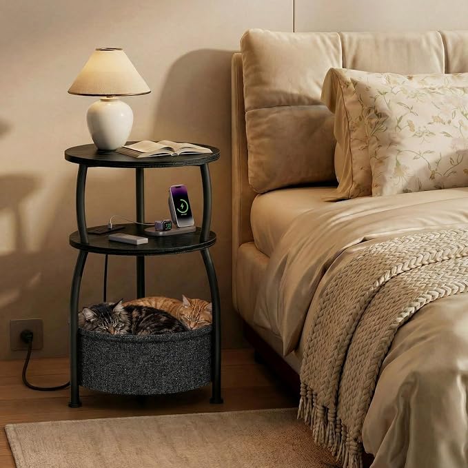 Small Side Table with Charging Station and Type C, Small Coffee Table with Basket, Space Saving End Table 3-Tier Bedside Corner Table Stand for Living Room, Bedroom, Garden 15.75in Classic Black