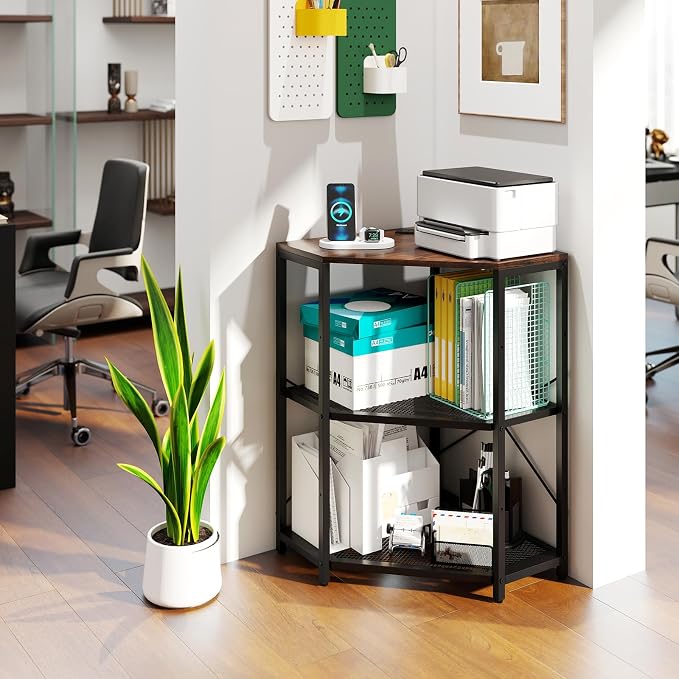 Tangkula Corner Printer Stand with Power Outlet, 3-Tier Storage Rack with Adjustable Metal Mesh Shelf, Freestanding Corner Table Computer Tower Holder for Home Office Living Room (Rustic Brown)