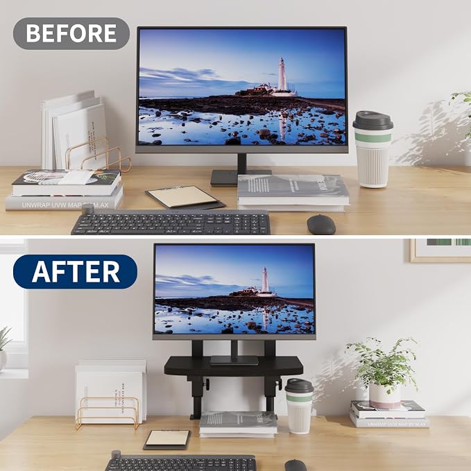 Adjustable Monitor Stand for Desk, Wood Texture Monitor Stand Riser with 4.15“-13” Height Adjustment, Sturdy Computer Monitor Stand with Anti-Tip Design, Laptop Stand & Desk Organizer, Black (Black)