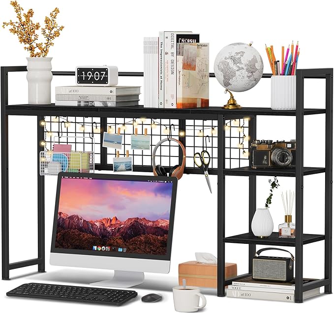 Snughome Desk Shelf, 44.9" Desktop Organizer Shelf, Desk Hutch for Computer Monitor, 4 Tier Desk Display Rack with Pegboard Hooks Set, Wood Desktop Bookshelf for Home Office Dorm