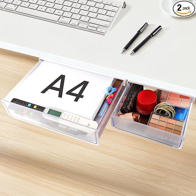OSPNIEEK Self-adhesive Under Desk Drawer Organizer, 2 Pack Table Hidden Slide Out Large Storage Mounted Desktop Pencil Holder Tray Drawers for Office Home School Stationery Kitchen (XL+L, White)