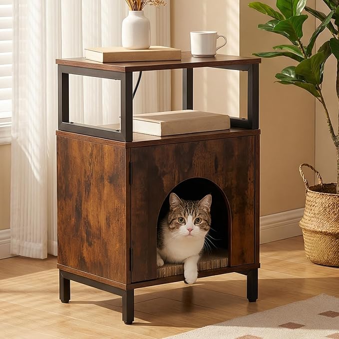 Cat Side Table with Charging Station & Storage Shelf, Small End Tables with Cat Cave & Scratcher Pad for Living Room, Small Spaces, Bedroom, Office, Easy Assembly, Space Saving, Brown
