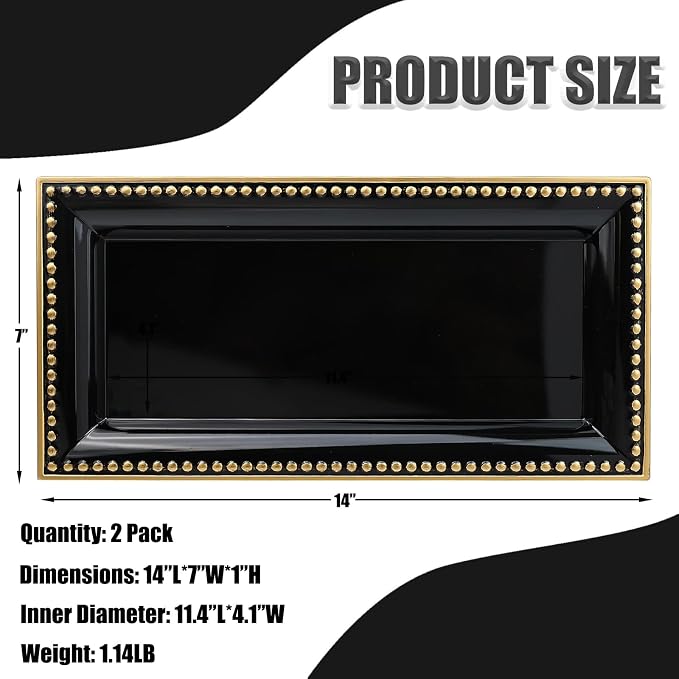 2 Pack Black Bathroom Vanity Tray for Countertop with Beads, Small Plastic Toilet Tank Versatile Storage Organization Tray for Makeup, Perfume, Desk, Kitchen, Candles, 14"x7"x1", 36B