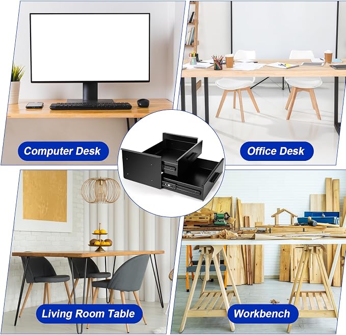 Menkxi 16'' Under Desk Drawer Slide-out Steel Under Counter Drawers Storage Organizer Large Hidden Pull-out Tray for Table Desks Home Office Workstation(Black,2 Layer)