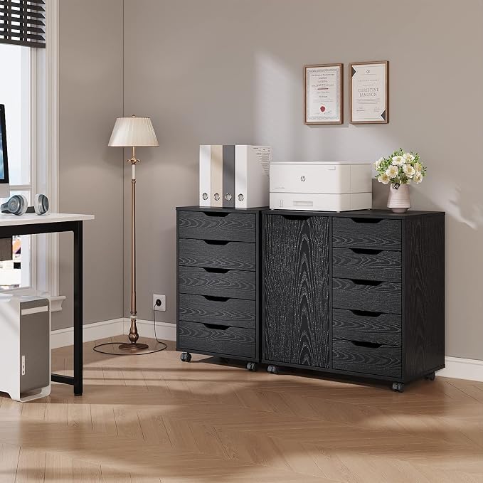 Panana 5/7 Drawer Mobile File Cabinet, Wooden Under Desk Storage with Wheels Office Organization Vertical Filing Chest of Drawers for Home Office (Black, 5 Drawer)