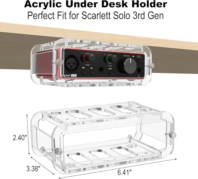 Under Desk Holder for Scarlett Solo 3rd Gen, Acrylic Under Desk Shelf Organizer Under Desk Mount Wall Mount Holder (Transparent)
