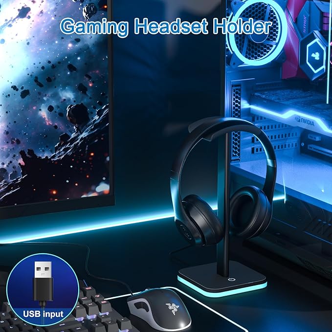Headphone Stand for Desk - Headset Stand with Aluminum Hanger, Headphone Holder for AirPods Max, Sony, Bose, Beats and More (RGB-Black)