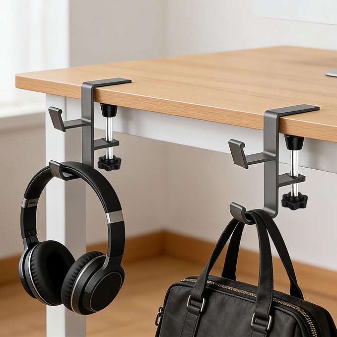 2 in 1 Backpack Hanger, Clamp-on Under Desk Headphone Holder, Purse Holder for Table, Students' Desk Hook with Adjustable Arm Clamp, Bag Hook for Reduce Clutter Table Hanging Storage