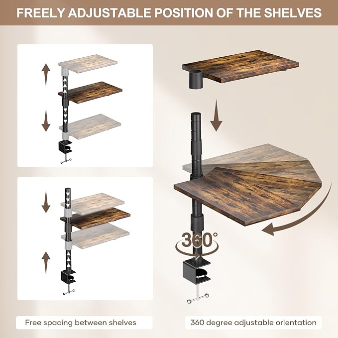 3 Tier Clamp On Desk Shelf - Over Or Under Table Clamp Shelf, 360° Rotatable Desk Storage for Home Office, Gaming and Storage Tray, Desktop Shelves for Desktop Thicknesses from 0.5-1 Inch