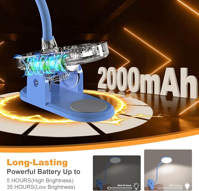 Rechargeable Desk Lamp with Clamp, 97 LED Eye-Care Table Light for Kids Bedroom with 3 Color & 10 Brightness, Cordless Clip on Lamp for Bed Book Reading Crafting Drawing Gaming Puzzle (Blue/4.7'')