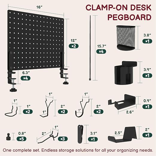 Clamp On Desk Pegboard 32" x 12" with Accessories - No Drill Metal Desktop Organizer & Privacy Panel - Vertical Storage Divider for Home Office and Gaming Setup, Black