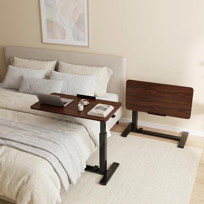 DUMOS Adjustable Rolling Desk, Mobile Overbed Bedside with Hidden Wheels, Portable Laptop Standing Desks Computer Workstation for Bed Sofa Couch, Chocolate