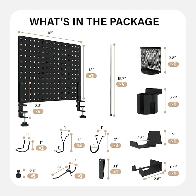 HUHOLE 32 x 12 Inch Clamp On Desk Pegboard Complete Kit | No Drill Metal Privacy Panel and Organizer with Accessories for Home Office, Gaming Setup, Cables and Supplies