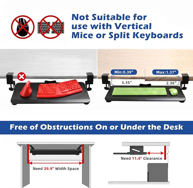 Keyboard Tray Under Desk Clamp, 26.77" Large Slide-Out Keyboard and Mouse Tray, Ergonomic Under Desk Keyboard Tray with Smooth Wrapped Edge, Space Saving Desk Extender for Home Office, Black