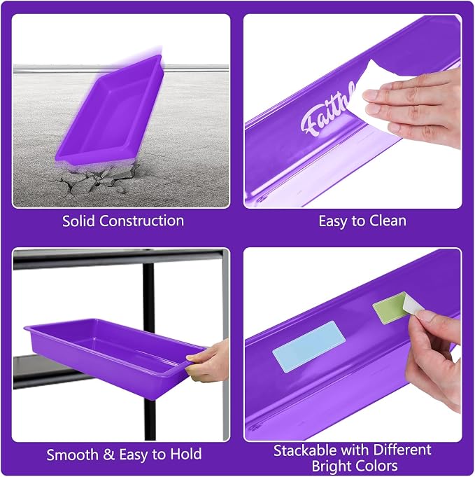 ShineMe 6 Pack Paper Trays for Classroom, Purple Plastic Book Bins with Colorful Labels, Stackable Letter Size Storage Tray, Desk Organizer Tray for Home, School and Office