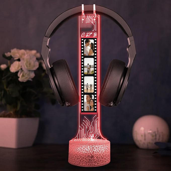 Personalized RGB LED Headphone, Custom Couple Photo Headset Holder, Gaming Decor Gift for Boyfriend Girlfriend, Valentines Day Gift for Him Her, Custom Couple Gifts, Gifts for Gamers