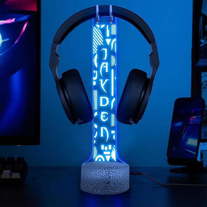 Custom Gamer Headphone Holder with RGB LED Lights, Personalized Name Headset Stand, Valentine Gift for Boyfriend Girlfriend, Gift for Him Her, Game Room Decoration