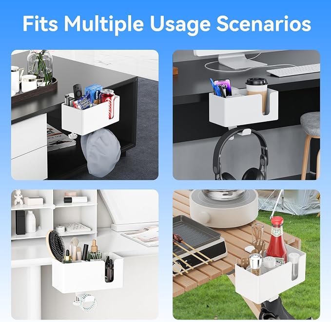 Desk Cup Holder Clamp with Headphone Hanger and Storage Tray | Clamp on design, rotating headphone hanger, detachable storage tray, cable holes, fits 5-50mm desks