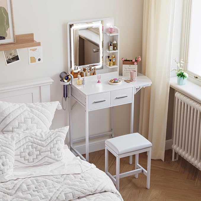 Small Vanity Desk for Compact Space: Mini Makeup Table Set for Bedroom - Tiny White Vanity with Mirror for Girls