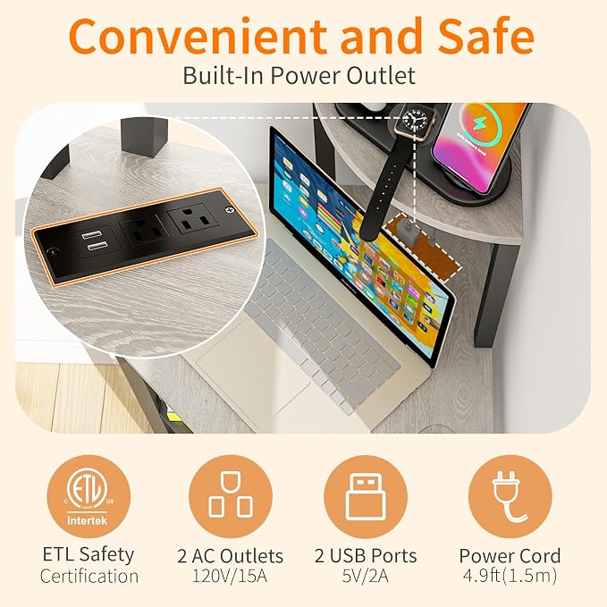 METYERRY 4-Tier Corner Printer Stand, Printer Table with Built-in Power Outlet and LED Lights, Multipurpose Corner Table with Grid Storage Shelf for Home and Office, Greige