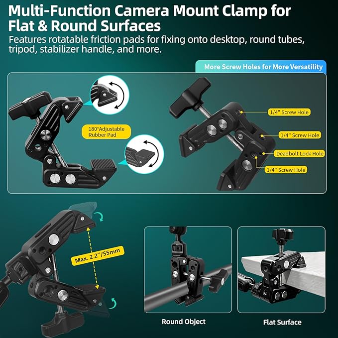 22" Magic Arm Clamp, Overhead Phone Mount Holder Stand, Flexible Desk Camera Mount, Articulating Friction Boom Arm with 1/4" 3/8" Threads for Phone, DSLR, Action Camera,Filming, Light, Webcam, Mic