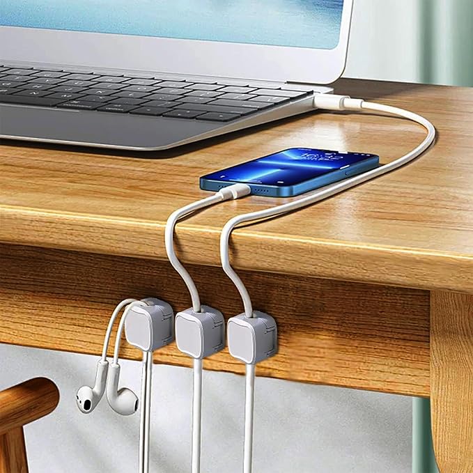 IFNOW 6 Pack Magnetic Cable Clips for Nightstand | Mini Cube Cord Holder with No-Residue Adhesive | Adjustable Cord Organizer for Desk, Car, Phone Charger, Computer (White)