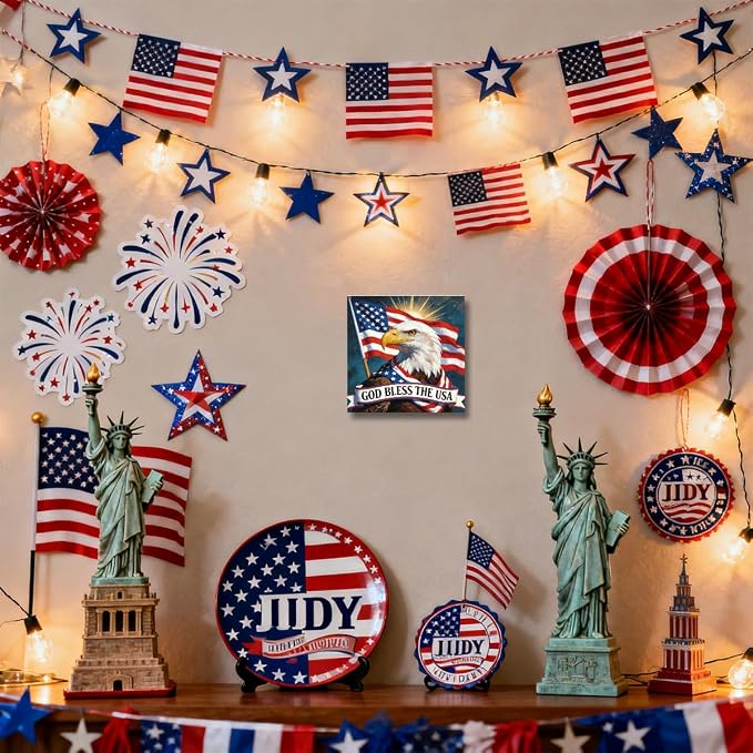 Patriotic Wooden Box Sign,God Bless The USA 4th Of July Signs Home Decor,Independence Memorial Day Block Sign for Desk Shelf Tabletop Decor