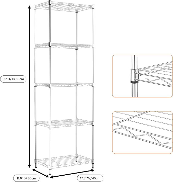 M MZG 5 Tiers Shelf Metal Storage Shelves Wire Rack Closet Organizers with Wheel for Garage Kitchen Bathroom Laundry Chrome 11.8" D x 17.7" W x 55" H