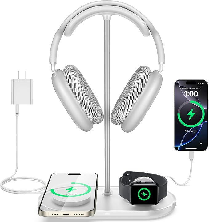 TopMade Airpod Max Charger Stand with 15W Wireless Charger, 4 in 1 Headphone Stand Headset Holder for AirPods Max/Pro/iWatch/Vision Pro, iPhone 17/16/15/14/13/12/11/X for Desktop Gaming Holder, White