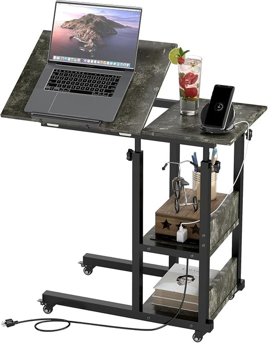 Hadulcet Adjustable C Table with Charging Station, Tiltable Desk C Shaped End Table for Couch, Over Bed Table with Wheels Adjustable Height, Laptop Stand Drawing Desk, Marble Grey