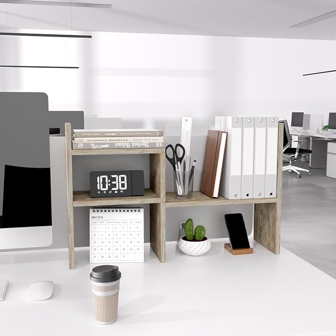 Jerry & Maggie Desktop Organizer Office Storage Rack Adjustable Wood Display Shelf Birthday Gifts Toy Home Decor Free Style Rotation Display True Natural Stand Shelf (Gray Oak/2 Pack)