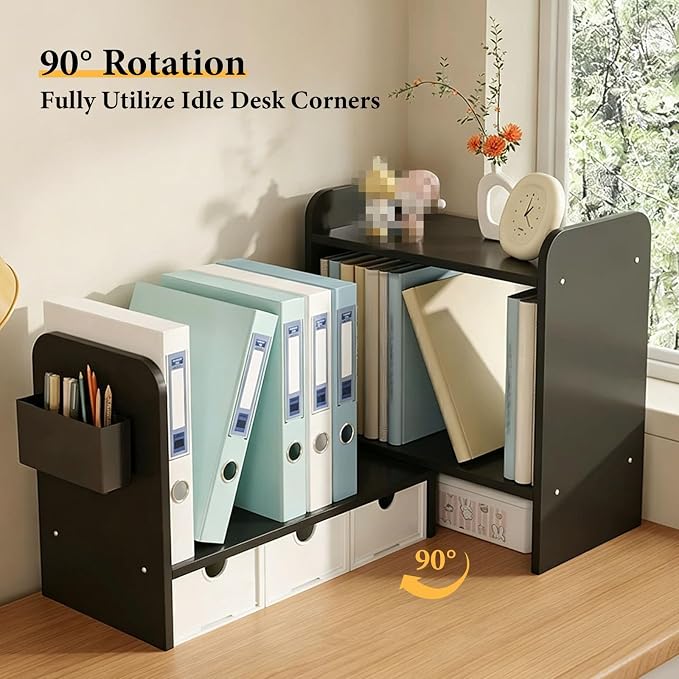 Expandable Desk Hutch Organizer, Desk Storage Rack with Drawers, Corner Desktop Bookshelf Holder for Home Office Workspace Organization