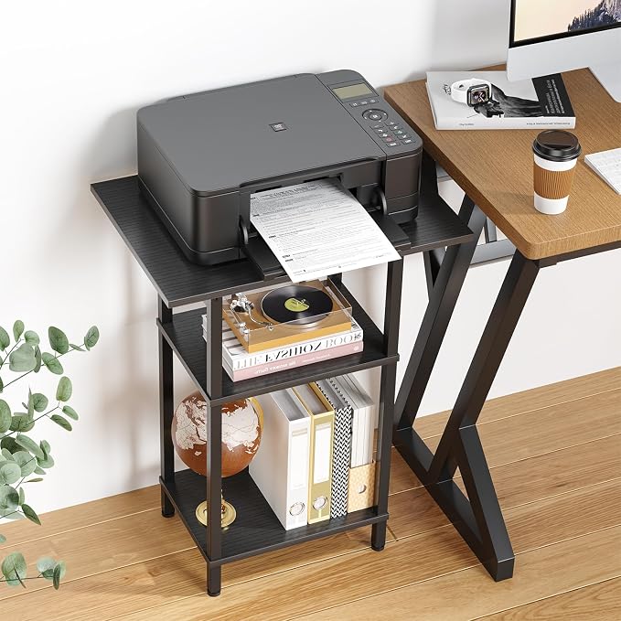Asgolion Tall End Table with Charging Station, Skinny Nightstand with USB Ports and Outlets, 3 Tier Narrow Side Table with Storage for Bedroom, Living Room, Office, Black