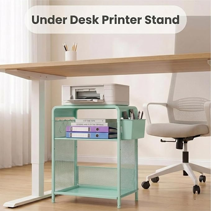 ECOLOVI 3 Tier Printer Stand for Under Desk, Height Adjustable Shelf Small Printer Table with 3 S-Hooks & Basket, Heavy Duty Industrial Storage Shelf for Home Office (Green Metal)