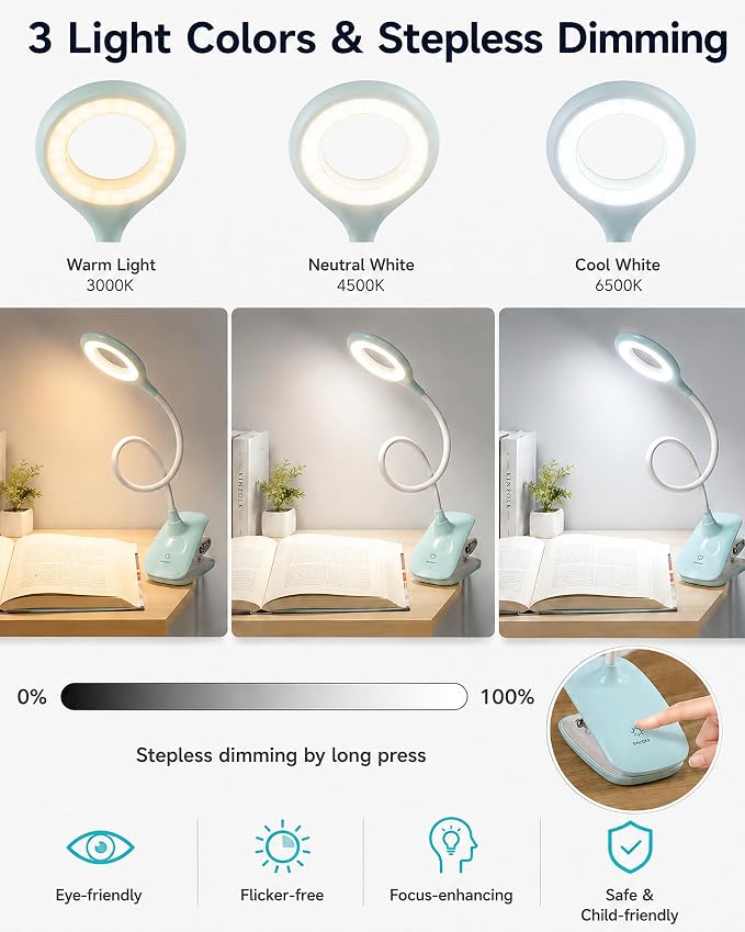 Clip On Reading Light for Bed Headboard, USB Rechargeable Cordless Clamp Lamp for Dorm Room Essentials, Touch Dim, 3 Colors, Eye Protect LED Desk Lamp for College Dorm Room, Gooseneck,Green