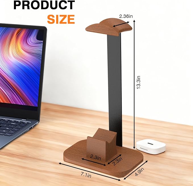 Walnut Headphone and Controller Stand, Desk Gaming Equipment Wooden Headset Controller Holder, Earphone Hook for Game Room Desktop PC Accessories, Gamer Gifts