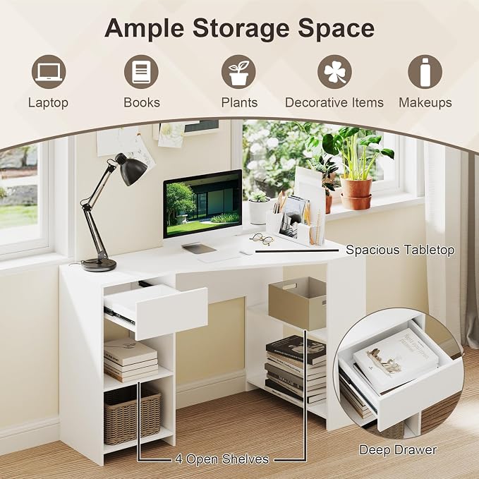Tangkula White Desk with Storage Drawer & 4 Shelves, Space Saving Corner Desk for Small Spaces, Modern Home Office Laptop Workstation, Writing Study Table, Vanity Table for Bedroom (White)
