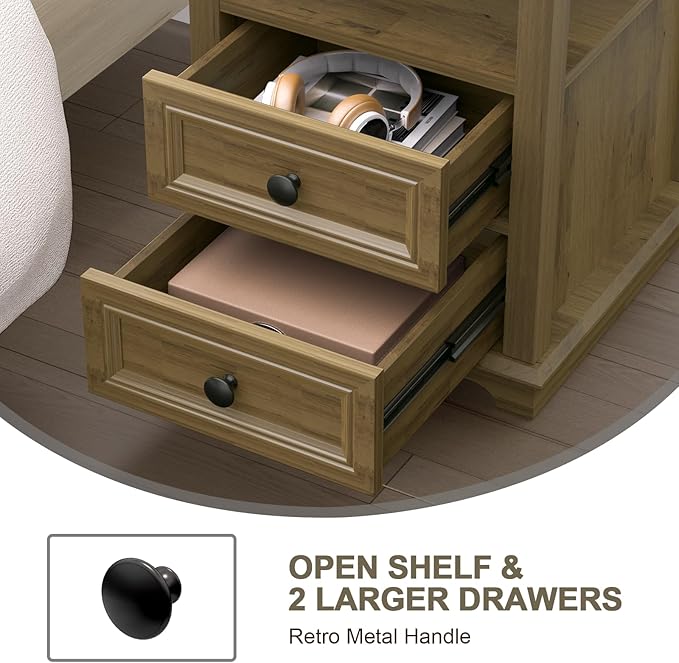 REDAYFUR 18" Wide End Table with Charging Station Set of 2, Fast Charge End Table Set of 2, Large 18” Bedside Table with Drawers, Storage Cabinet with Open Shelf for Bedroom, Natural