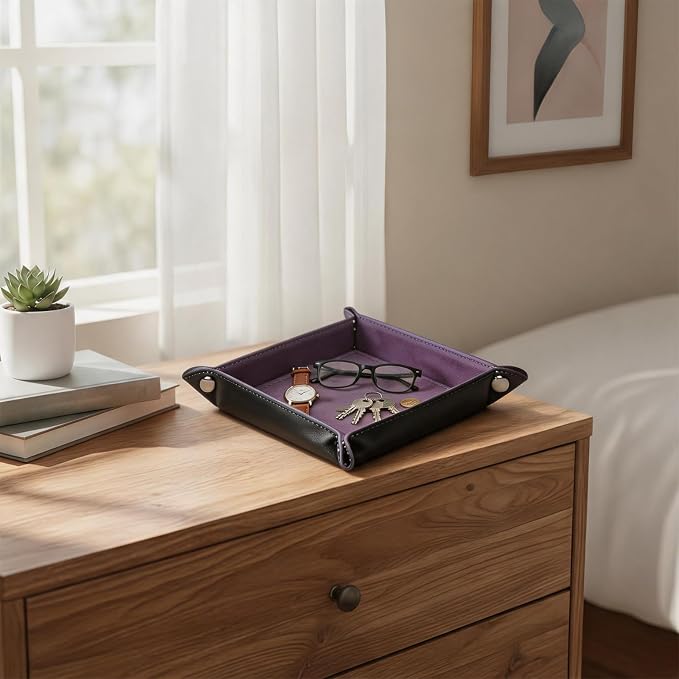 Valet Tray Desktop Storage Organizer – Vegan Leather Catchall Tray Bedside Vanity Tray Nightstand Caddy Holder for Remote Controller, Watch, Keys, Phone, Wallet, Coin, Jewelry, Purple