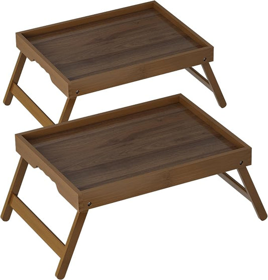 Large Breakfast Tray with Folding Legs Set of 2, 16.9" x 12.2" Bamboo Bed Tray Table with Ergonomic Wave Handles, Foldable TV Dinner Tray for Bed Couch Sofa, Breakfast, Laptop, Coffee, Walnut