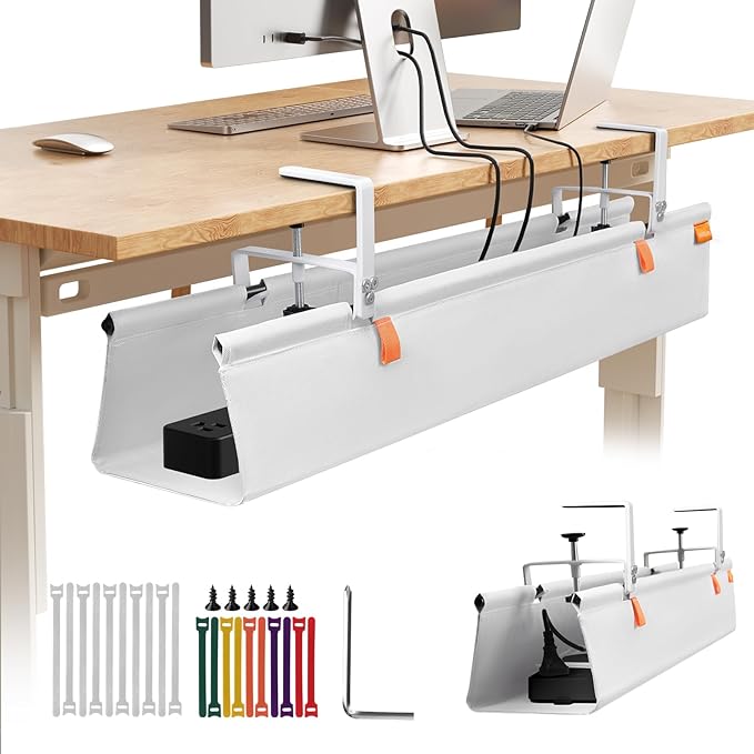 Under Desk Cable Management Tray, 36" No Drill Cable Management Under Desk, Storage Table Under Desk Organizer with Clamp/Screws, Standing Cord Organizer Tray White Fabric for Home Office