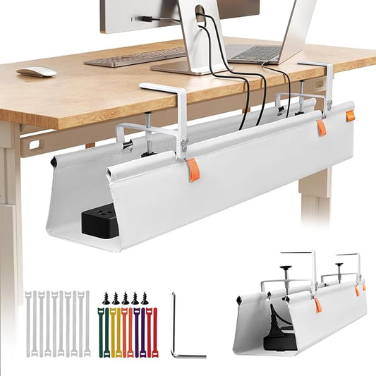 Under Desk Cable Management Tray, 36" No Drill Cable Management Under Desk, Storage Table Under Desk Organizer with Clamp/Screws, Standing Cord Organizer Tray White Fabric for Home Office