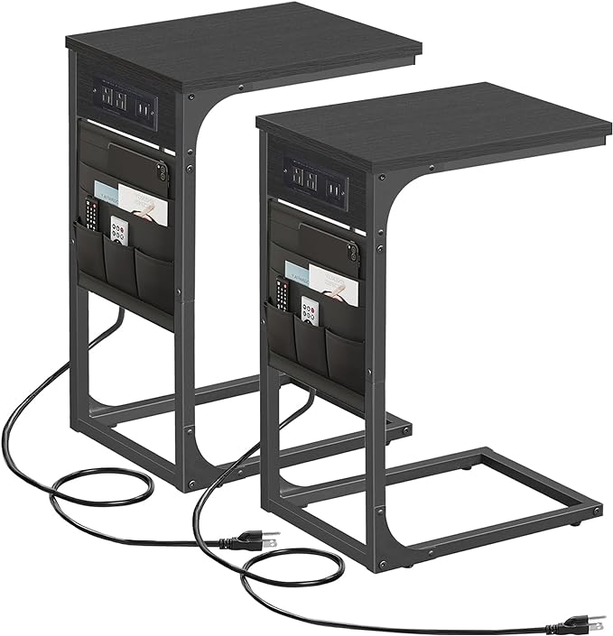 TUTOTAK C Shaped End Table with Charging Station, Side Table for Sofa, Couch Table with Storage Bag, Set of 2, TV Tray Table with 2 USB Ports and Outlets for Living Room, Bedroom, Black TB01BK0242