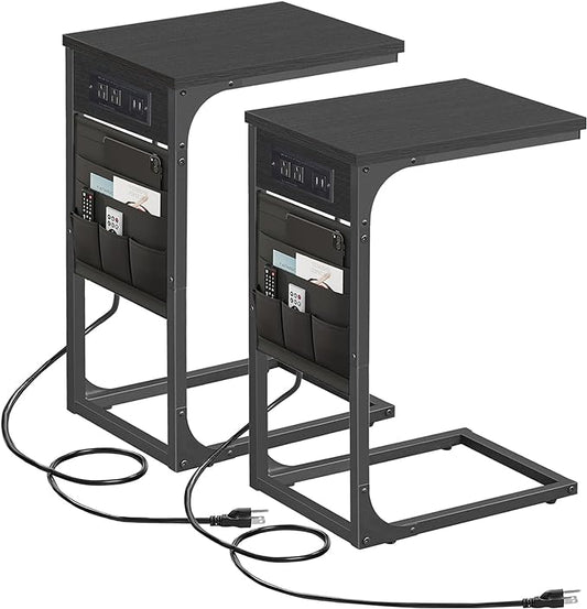 TUTOTAK C Shaped End Table with Charging Station, Side Table for Sofa, Couch Table with Storage Bag, Set of 2, TV Tray Table with 2 USB Ports and Outlets for Living Room, Bedroom, Black TB01BK0242